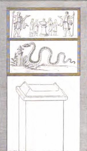 IV.4.g Pompeii. Drawing of the painting found above a street altar between IV.4.f and IV.4.g. In the middle was a round altar with five small figures in long white tunics. In the centre behind the altar was a Tibicen. On either side were pairs of Vicomagistri with right arms outstretched to the altar.  Two large Lares flank the scene. In the lower zone was a serpent approaching from the left to an altar with eggs and fruit on it.
See Fröhlich, T., 1991. Lararien und Fassadenbilder in den Vesuvstädten. Mainz: von Zabern. (p.315, F24)
