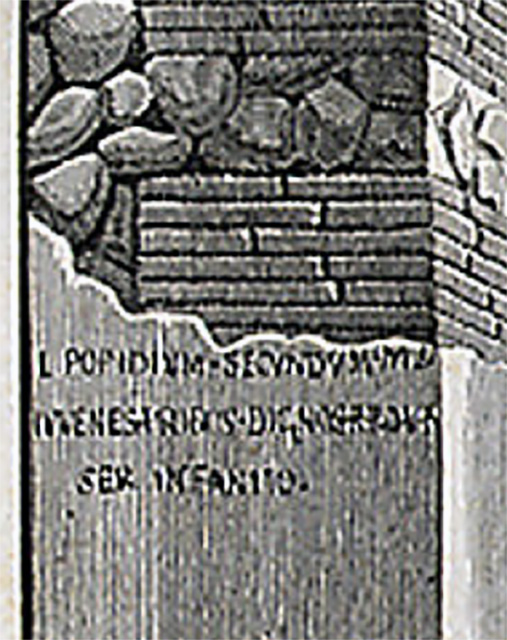 VIII.2.25 Pompeii. 1824 detail of the inscription near the street altar.
See Mazois, F., 1824. Les Ruines de Pompei : Second Partie. Paris : Firmin Didot. (Plate VI).
The Epigraphic Database Roma records the inscription as

C(aium) C̣ụṣ[pium Pansam]
L(ucium) Popidium Secundum ạ[ediles]
ịuvenes probos dignos r(ei) p(ublicae) o(ro) v(os) f(aciatis)
ṣc̣ṛ(ipsit) Infantio

VIII, 2, 25, verso est (a. 1816)   [CIL IV, 00785a]
