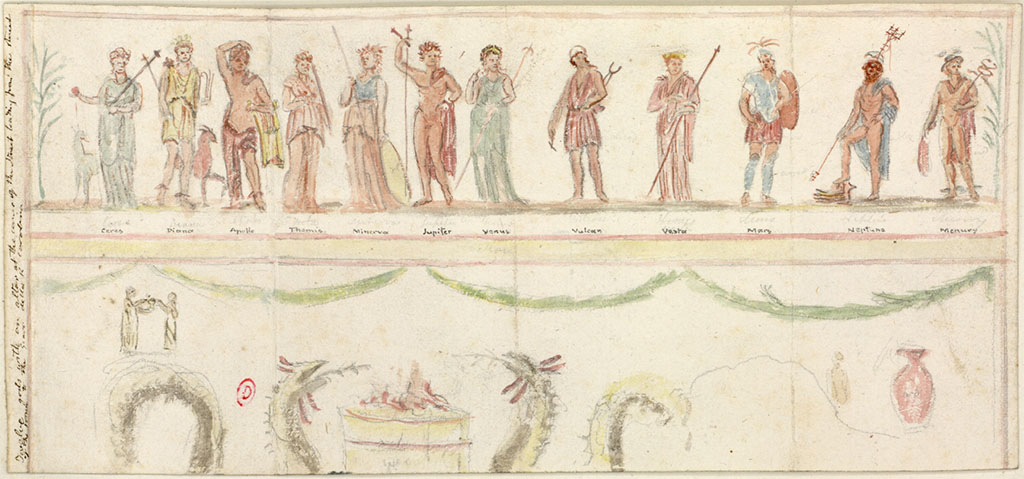 Altar VIII.3.11 Pompeii. c.1819, sketch by W. Gell of the painting of the 12 Gods, with part of the painting of the two serpents.
Here Gell names them from the left as Ceres, Diana, Apollo, Themis, Minerva, Jupiter, Venus, Vulcan, Vesta, Mars, Neptune and Mercury.
See Gell W & Gandy, J.P: Pompeii published 1819 [Dessins publis dans l'ouvrage de Sir William Gell et John P. Gandy, Pompeiana: the topography, edifices and ornaments of Pompei, 1817-1819], pl. 54.
See book in Bibliothque de l'Institut National d'Histoire de l'Art [France], collections Jacques Doucet Gell Dessins 1817-1819
Use Etalab Open Licence ou Etalab Licence Ouverte
