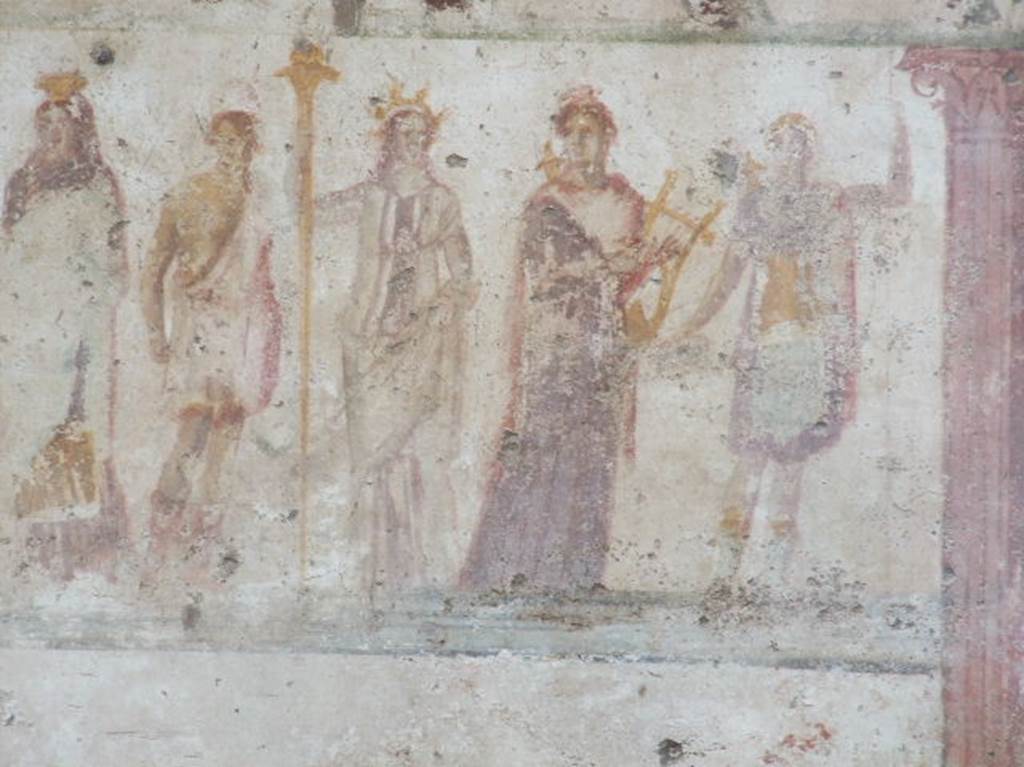 Detail of public street shrine (compitum) to 12 gods outside IX.11.1.  December 2006. Proserpina, Vulcanus, Ceres, Apollo, Diana.  