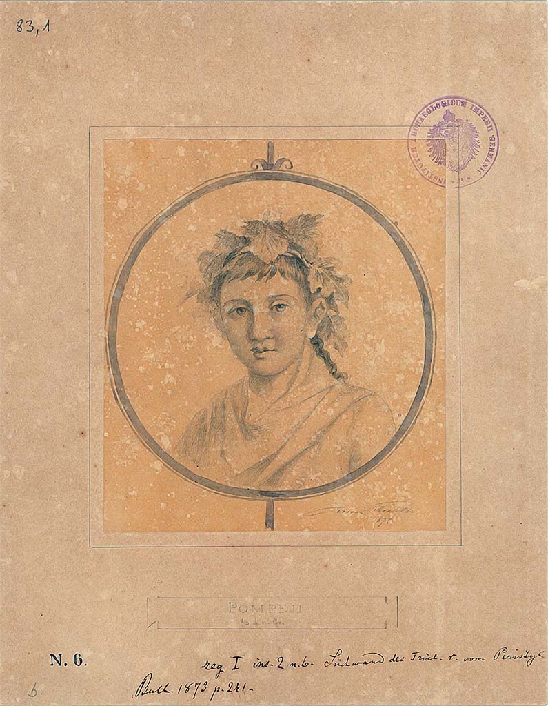 I.2.6 Pompeii. 1875 drawing by E. Eichler of a medallion of a young person crowned with vine foliage. 
The drawing is titled South wall of triclinium right from peristyle.
PPM gives two possible locations, the second being a large room at the side of the stairs on the opposite side of the peristyle.
DAIR 83,1. Photo  Deutsches Archologisches Institut, Abteilung Rom, Arkiv. 
See Pappalardo, U., 2001. La Descrizione di Pompei per Giuseppe Fiorelli (1875). Napoli: Massa Editore. (p.35)
See Carratelli, G. P., 1990-2003. Pompei: Pitture e Mosaici: Vol. I. Roma: Istituto della enciclopedia italiana, p. 13.
