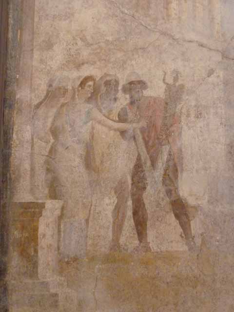 I.2.6 Pompeii.  May 2010. Detail from the wall painting of the Theft of the Palladium (Ratto del Palladio) found on the south wall of the triclinium. 
Ulysses (Odysseus) holding the Palladium. Now in Naples Archaeology Museum, inventory number: 109751
