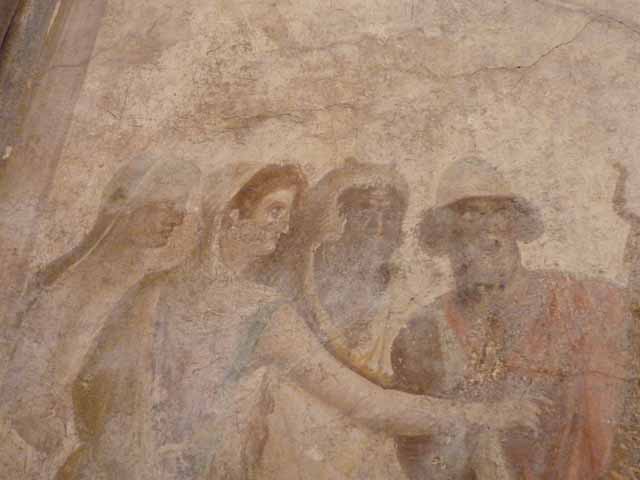 I.2.6 Pompeii.  May 2010. Detail from the wall painting of the Theft of the Palladium (Ratto del Palladio) found on the south wall of the triclinium. Name on column base.  Now in Naples Archaeology Museum, inventory number: 109751
