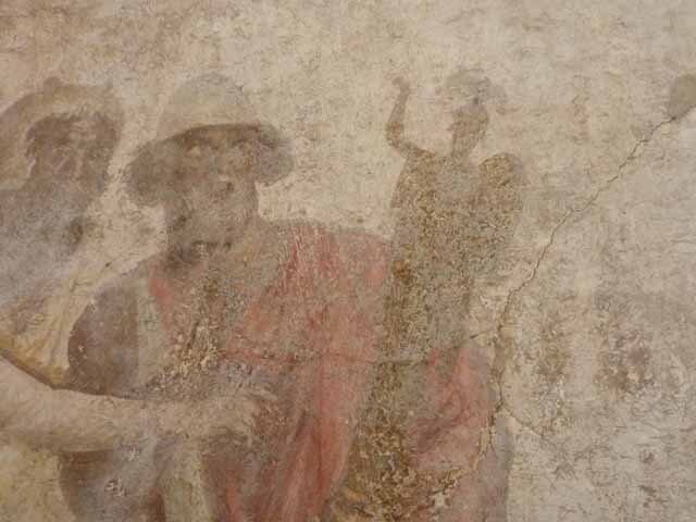 I.2.6 Pompeii.  May 2010. Detail from the wall painting of the Theft of the Palladium (Ratto del Palladio) found on the south wall of the triclinium. 
Names written under each figure. Now in Naples Archaeology Museum, inventory number: 109751
