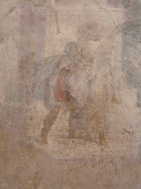 I.2.6 Pompeii.  May 2010. Detail from the wall painting of the Theft of the Palladium (Ratto del Palladio) found on the south wall of the triclinium. 
Names written under each figure. Now in Naples Archaeology Museum, inventory number: 109751
