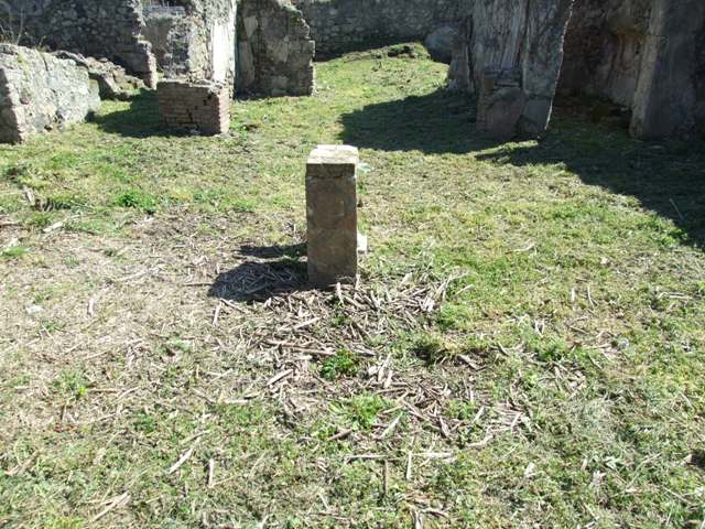 I.2.17 Pompeii. March 2009. Room 1, atrium, looking north to masonry pilaster clad with marble, marble table leg and site of impluvium. According to Fiorelli, the atrium had an impluvium and a marble table, and a small pilaster carrying the image of Hercules. See Pappalardo, U., 2001. La Descrizione di Pompei per Giuseppe Fiorelli (1875). Napoli: Massa Editore. (p.36)
According to Jashemski, the marble statuette of Hercules wrapped in a lionskin found in the atrium was probably a garden decoration. The statue is now in Naples Archaeological Museum, inventory number 109677. See Jashemski, W. F., 1993. The Gardens of Pompeii, Volume II: Appendices. New York: Caratzas. (p.24)