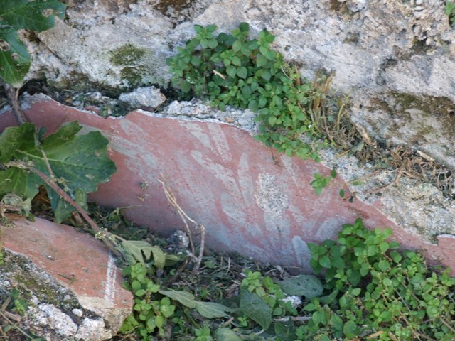 I.3.29 Pompeii. September 2010. Room 4, north wall, with detail of fresco from lower wall.
Photo courtesy of Drew Baker.
