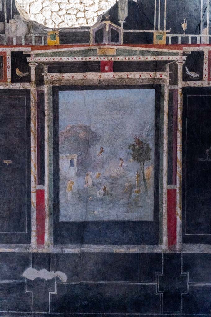 I.9.5 Pompeii. April 2022. 
Room 10, west wall of triclinium. Painting of Acteon and Artemis, or Diana. 
Photo courtesy of Johannes Eber.
