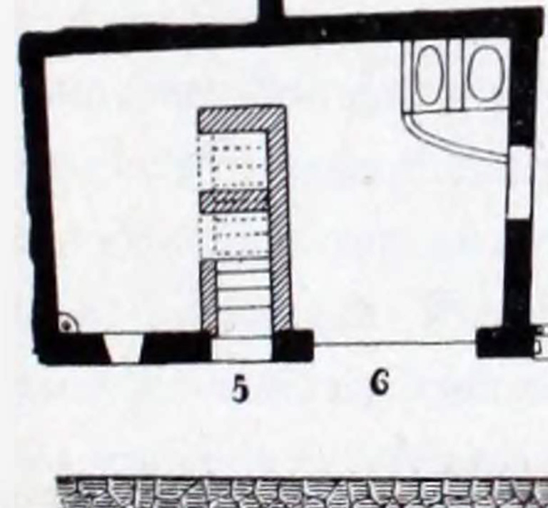 I.10.5 Pompeii. Plan with stairs at I.10.5 and workshop at I.10.6 from Notizie degli Scavi, 1934, p.277.
For details of finds from this house, (including I.10.6)
See Allison, P.M. (2006). The Insula of the Menander at Pompeii: Vol. III The finds, Clarendon Press, Oxford, (p.154-157 & p.335-6)
See Online Companion with details and photographs of finds from I.10.5.
