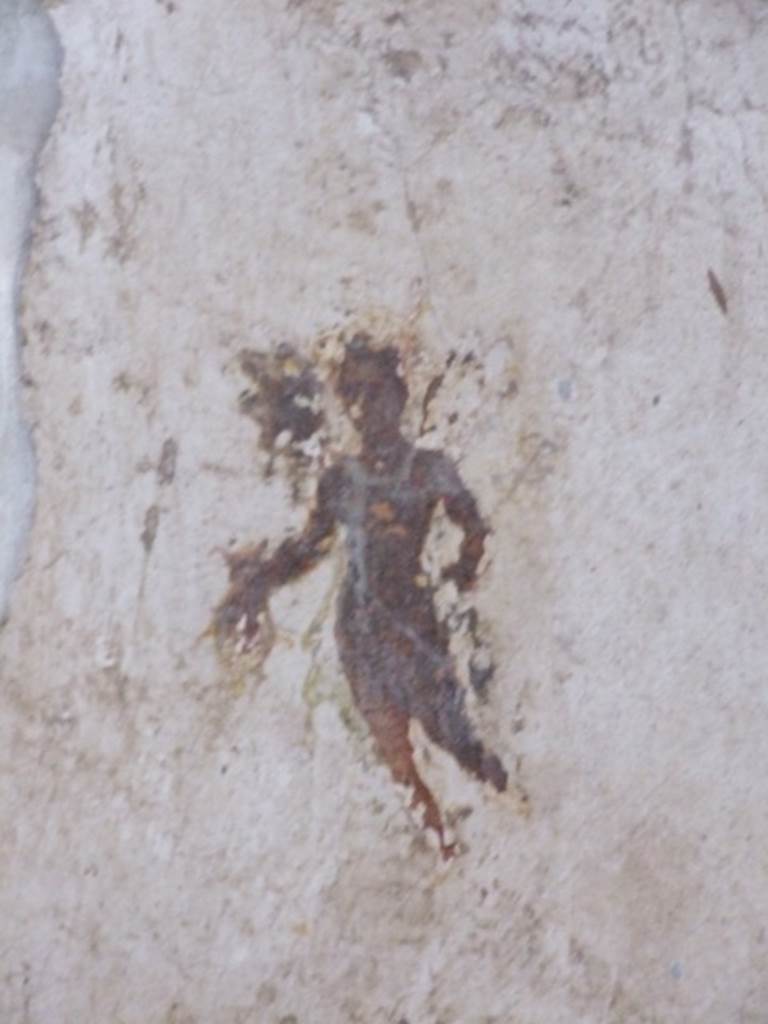 I.11.6 Pompeii. March 2009. Room 4, north of door on west wall. 
Painting of flying figure of Mercury, who crosses the threshold with a sack full of money.
According to Mileti, in light of what has been said and the value of the various objects found, it can be hypothesised that the owner of the house owed his fortune to commerce, as the image of the god Mercury depicted walking through the door with a sack of money would also testify.
See Mileti, M. C., 2000. La casa I, 11, 6-7 a Pompeii: Rivista di Studi Pompeiani XI, p. 110, fig. 23.
