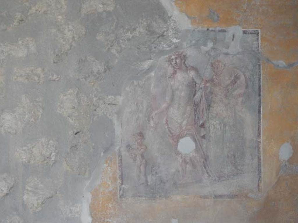 I.11.6 Pompeii. May 2015. 
Room 5, south wall of tablinum, wall painting of Dionysus/Bacchus with Silenus, tambourine and satyr. Photo courtesy of Buzz Ferebee.

