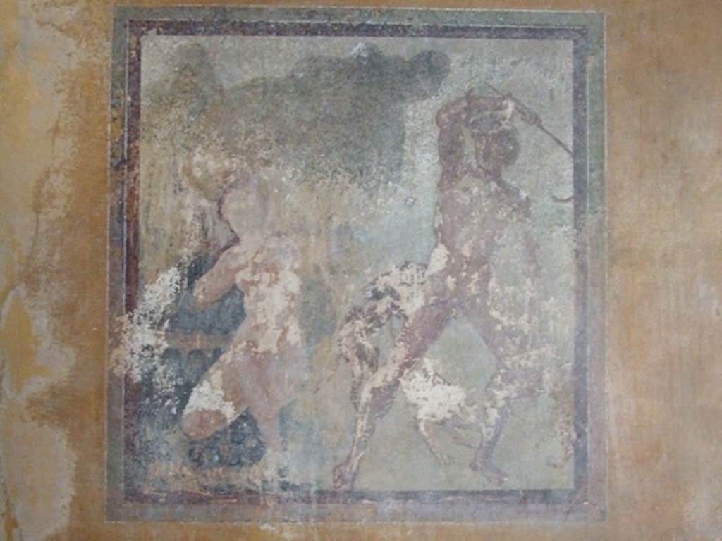 I.11.6 Pompeii. March 2009. Room 7, east wall of triclinium.  Wall painting of Acteon and Artemis, or Diana. See Bragantini, de Vos, Badoni, 1981. Pitture e Pavimenti di Pompei, Parte 1. Rome: ICCD. Page 155.

