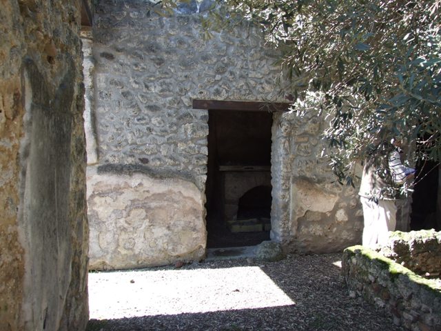 I.12.8 Pompeii. March 2009. Room 10, north-west corner of kitchen with lararium. On the north wall can just be seen some cloth, which has adhered to the lararium and damaged it. 
It used to show one serpent approaching a round altar from the right.  See Giacobello, F., 2008. Larari Pompeiani: Iconografia e culto dei Lari in ambito domestico.  Milano: LED Edizioni.  (p.152-3). According to Curtis, the lararium painting covering two walls above the oven in the kitchen was beautiful but badly-deteriorated. Painted on the north wall was a large single serpent near an altar. On the altar were sacrificial gifts, such as pine cones.
There may have been another scene beneath the serpent, but the wall was too badly damaged to verify this. See Curtis, R.I: The Garum shop at Pompeii, In Cronache Pompeiane, V,1979, (p.20-1)

