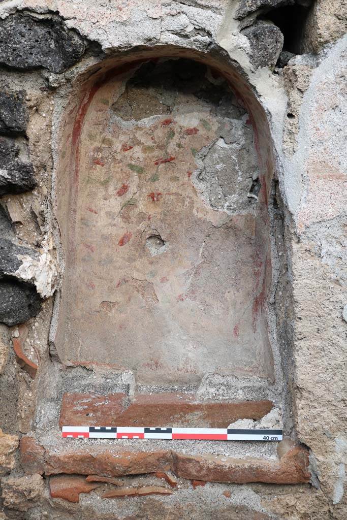 I.21.5 Pompeii. December 2018. 
Detail of niche decorated with painted flowers in north wall. Photo courtesy of Aude Durand.

