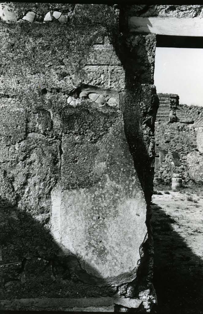 II.1.11/12 Pompeii. 1975. 
Oblong room behind garden, SW of peristyle, detail of N wall on west side of doorway.  
Photo courtesy of Anne Laidlaw.
American Academy in Rome, Photographic Archive. Laidlaw collection _P_75_5_27.

