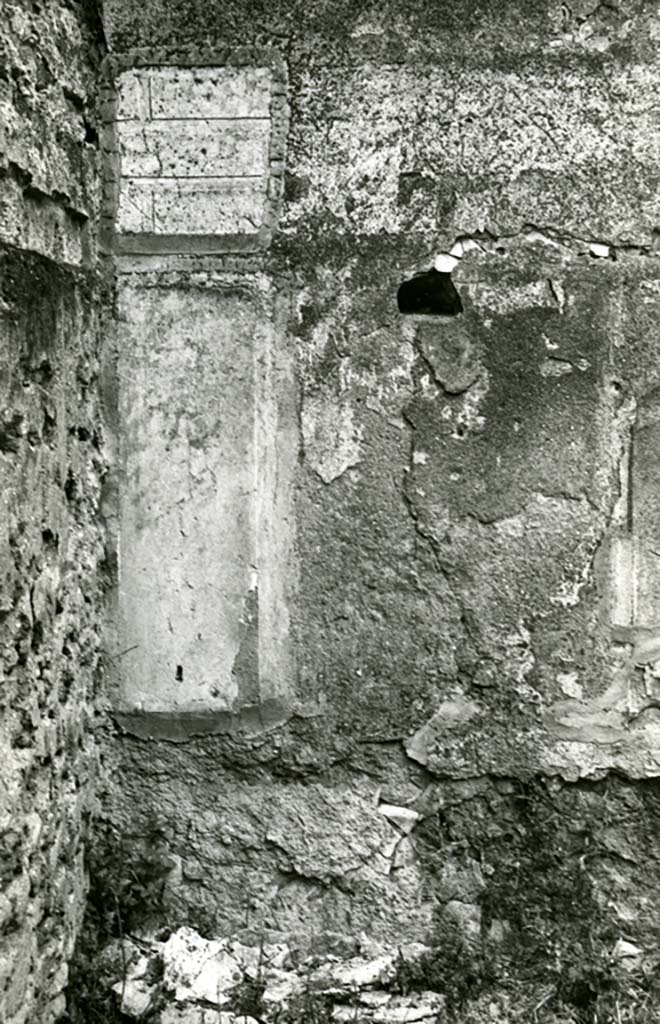 II.1.11/12 Pompeii. 1974. 
House, oblong room SW of peristyle, N wall by NW corner, detail. Photo courtesy of Anne Laidlaw.
American Academy in Rome, Photographic Archive. Laidlaw collection _P_74_1_31.
