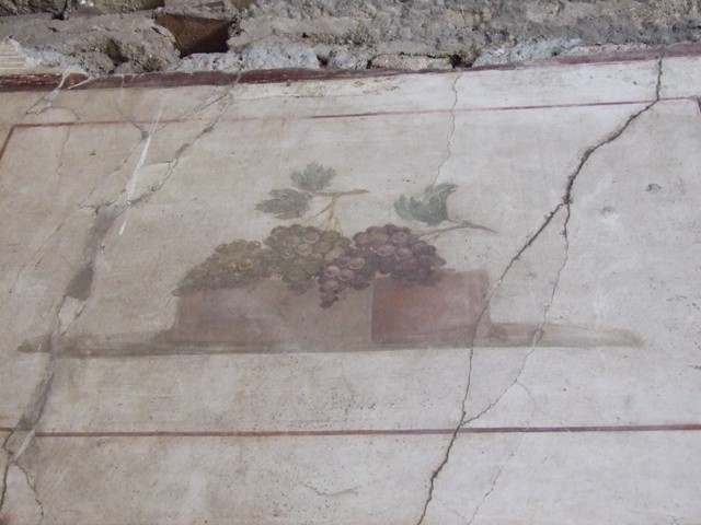 II.1.12 Pompeii. March 2009. Upper part of west wall of triclinium with wall painting of fishes.