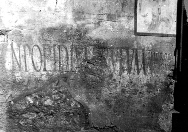 II.1.12 Pompeii. May 2005. Pilaster painting from north side of entrance façade.Painting of Venus Anadyomene (Venus rising from the sea) with a small naked Eros and a jumping dolphin. Currently in III.3.6. See Fröhlich, T., 1991, Lararien und Fassadenbilder in den Vesuvstädten. Mainz: von Zabern. (F16:p.312, T. 54/2). Following the collapse in November 2010, this may or may not have been destroyed. Current state is unknown.