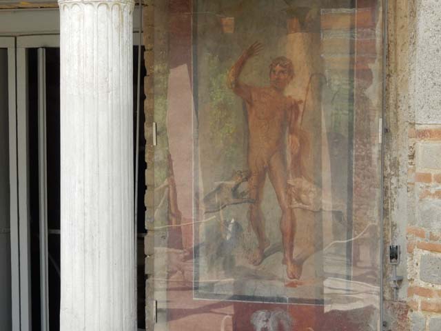 II.2.2 Pompeii. December 2006.  Room 14.  Triclinium.  East wall.  Scenes from the history of Troy.  Hercules� battle with Laomedon, King of Troy.


