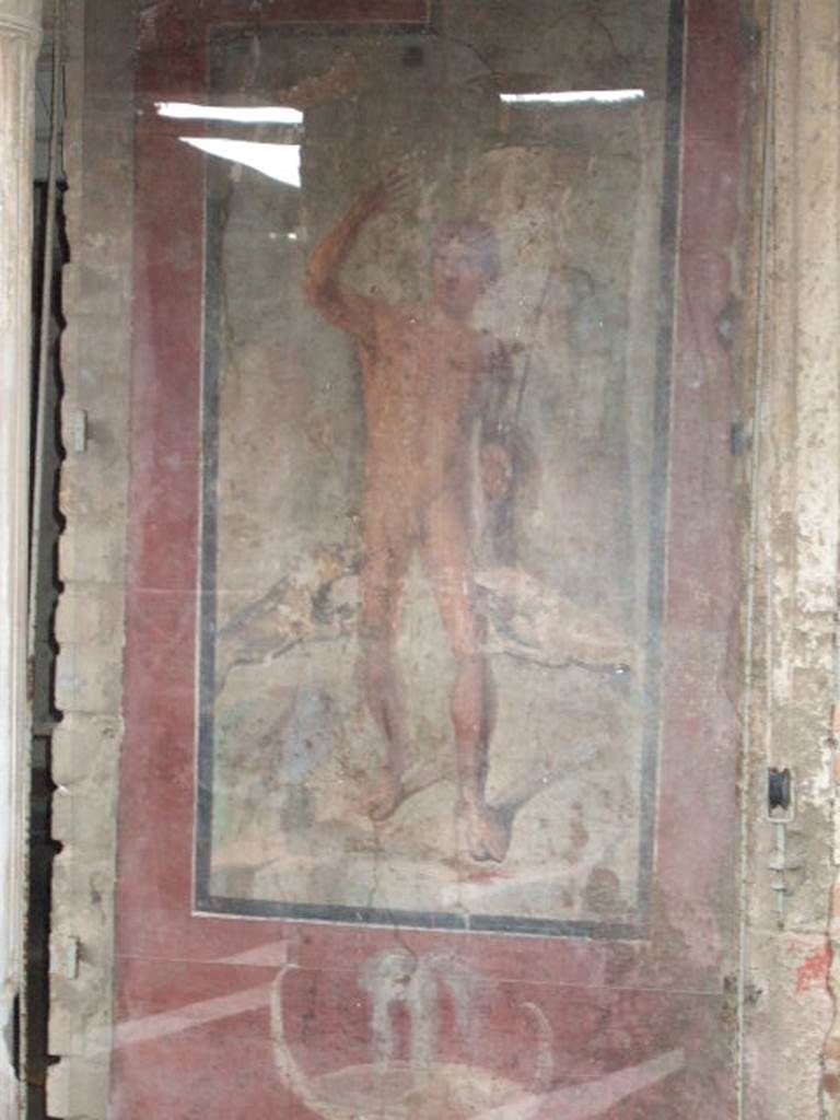 II.2.2 Pompeii. December 2005. Room "i". West end of upper euripus. 
Painting of Actaeon being attacked by the goddess Diana’s dogs.
