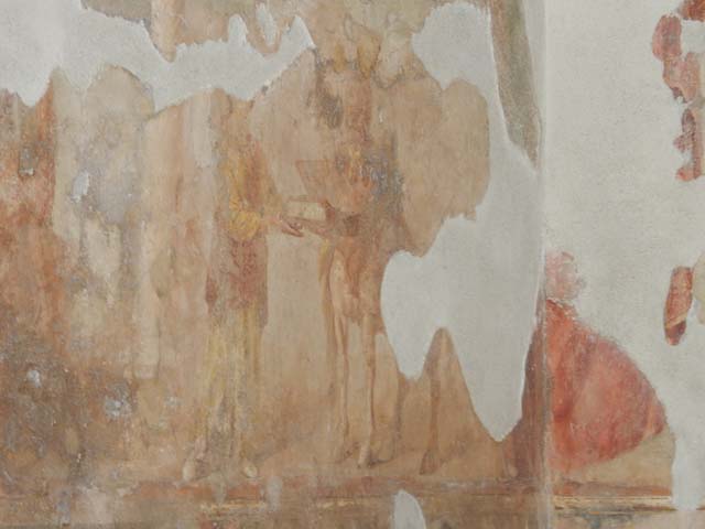 II.2.2 Pompeii.  March 2009.  Room 13.  Garden.  Remains of painted decoration on west side of west wall of nymphaeum.