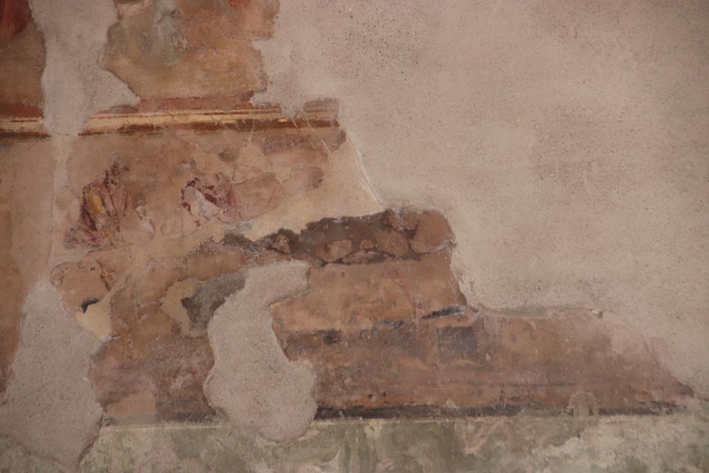 II.2.2 Pompeii. October 2022. Triclinium “h”, detail from Iliad frieze at west end of north wall. Photo courtesy of Klaus Heese
