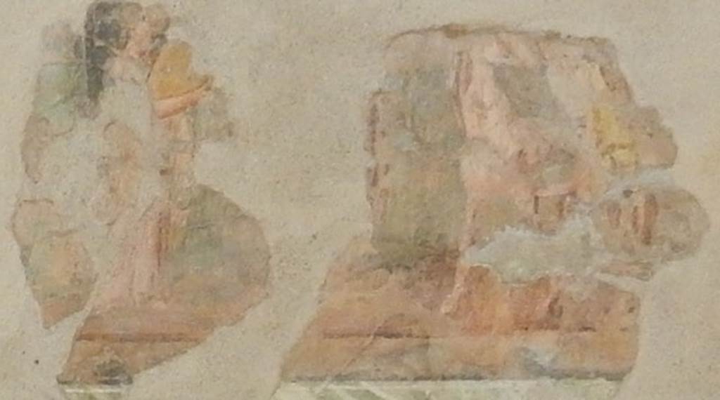 II.2 2 Pompeii. May 2016. Room “h”, north wall of triclinium lower frieze. 
Thetis gives the weapons to her son Achilles (on left); 
Automedon (Achilles charioteer) readies Achilles chariot (on right): 
These had the inscriptions THETIS, BADIUS, ACHiLL[e]S and AUTO[me]DON.
See Della Corte in Maiuri, A., 1928. Nuovi Scavi nella Via dell’Abbondanza. Milano: Hoepli. (p. 111-2).
Photo courtesy of Buzz Ferebee.

