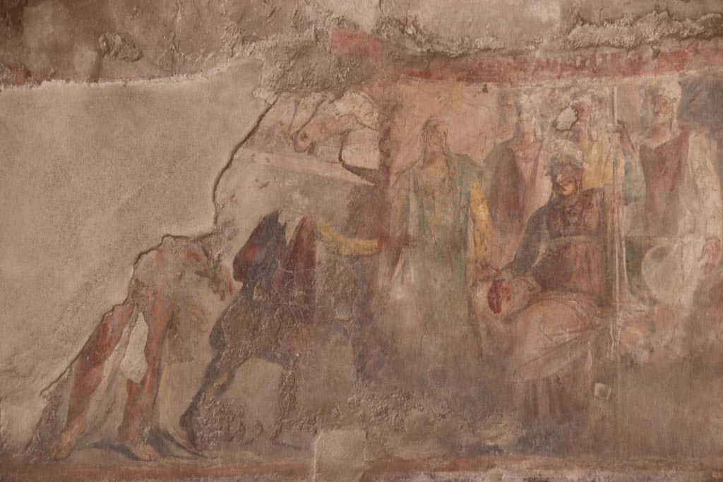 II.2.2 Pompeii. October 2022. 
Triclinium “h”, the larger upper section depicting Telamon and Laomedon, King of Troy, from east wall at north end. Photo courtesy of Klaus Heese
