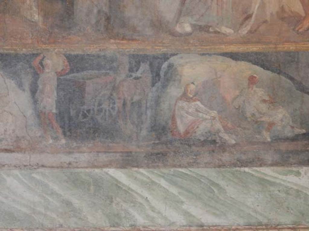 II.2.2 Pompeii. May 2016. Room “h”, east wall of triclinium. 
Lower section with stories from the Trojan War featuring Achilles.
Led by Hermes, Priam takes a wagon out of Troy, across the plains, and enters the Greek camp unnoticed.
Photo courtesy of Buzz Ferebee.
