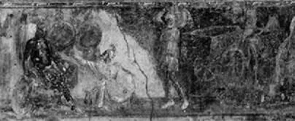 II.2.2 Pompeii. Room “h”, east wall of triclinium. A kneeling King Priam pleads with Achilles for the body of Hector. 
A slave carries gifts from the cart. 
A group of Achaean warriors are behind Achilles who sits dressed in a mantle with his right hand on his shield.
See Lorenz K., 2013. In Epic Visions: Visuality in Greek and Latin Epic and its Reception. Cambridge U.P., p. 238, fig. 9.3.


 
