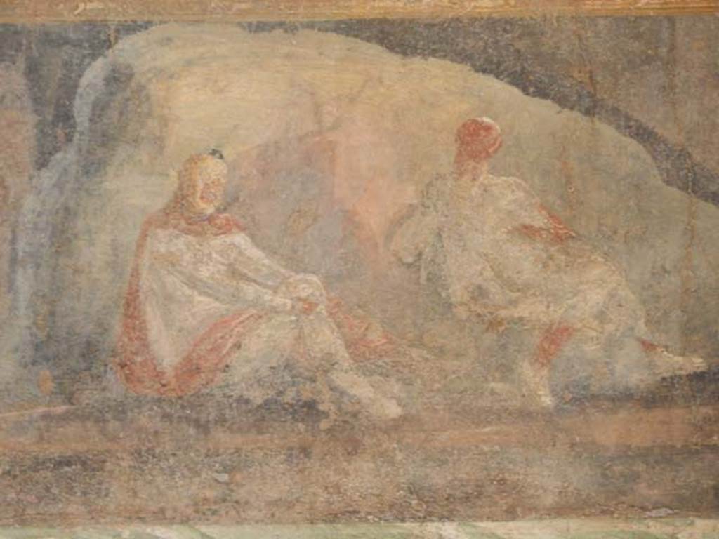 II.2.2 Pompeii. May 2016. Room “h”, south end of east wall. Priam sits on his night watch in a rocky landscape and accompanied only by Idaeus.
Photo courtesy of Buzz Ferebee.

