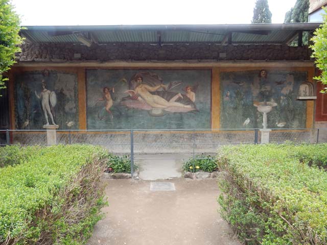 II.3.3 Pompeii. December 2006. Room 11, central panel on south wall of peristyle. Wall painting of Aphrodite / Venus in a shell. One amorini / cupid rides on a dolphin, the other is supporting the shell.

