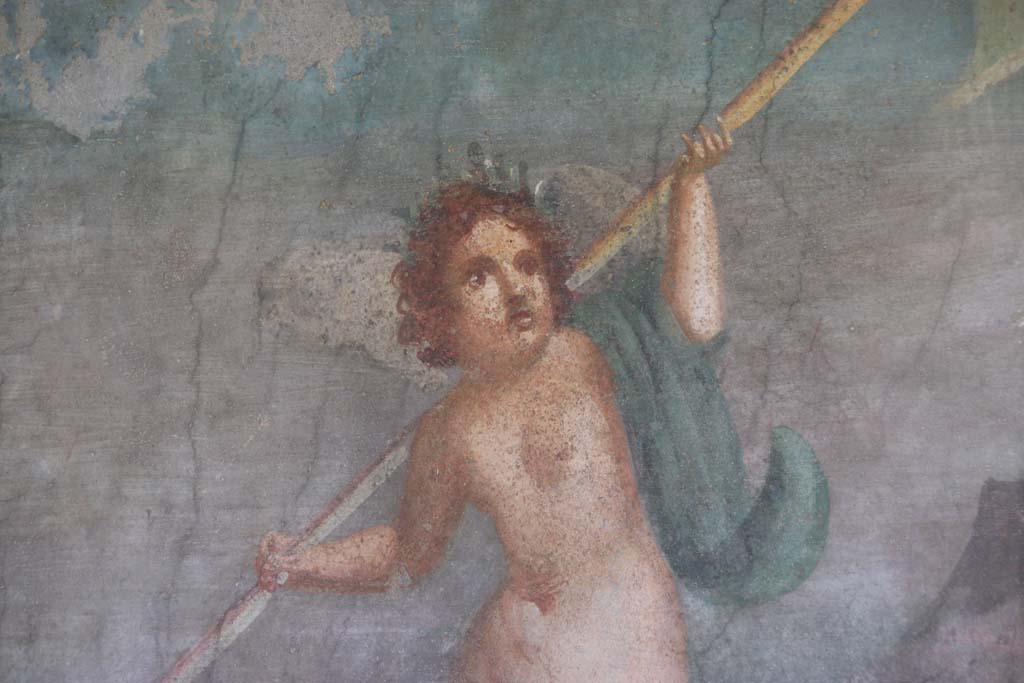 II.3.3 Pompeii. September 2017. Room 11, detail of cupid/amorino riding on a dolphin. Photo courtesy of Klaus Heese. 