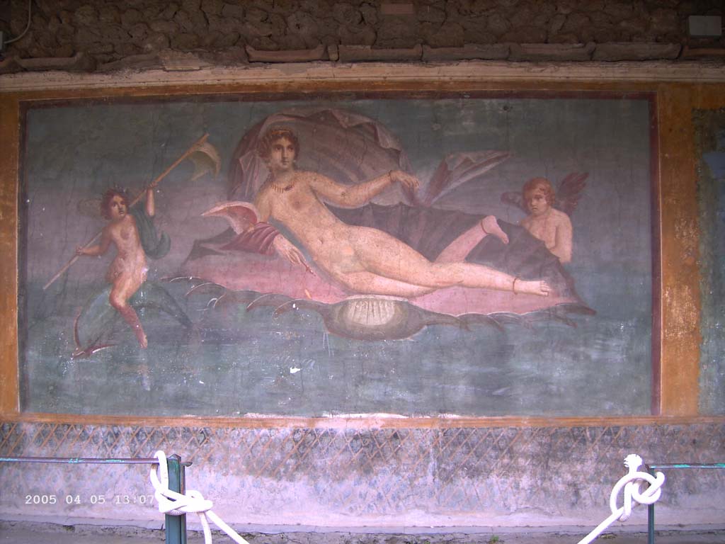II.3.3 Pompeii. April 2005. Room 11, central panel on south wall of peristyle. Wall painting of Aphrodite / Venus in a shell. 
Photo courtesy of Klaus Heese.
