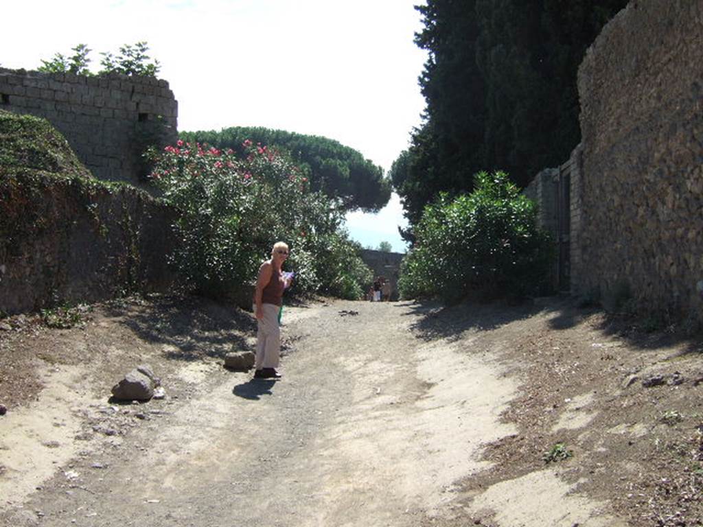 II.5 Pompeii, on left. September 2005. Vicolo dell’Anfiteatro looking south near II.4.8, on right.