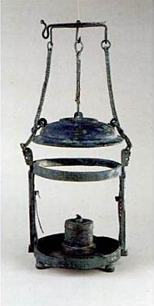 II.4.8 Pompeii. Photograph 1980s. Bronze lantern. SAP inventory number 5798. This photograph shows the lid raised and parts that are missing from the exhibit photographed in Pompeii.