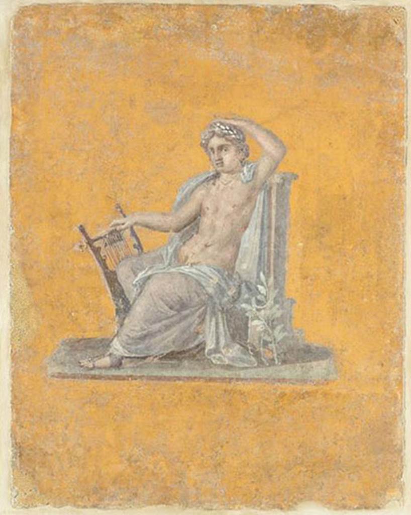 II.4.10/3 Pompeii. Found 20th July 1755 in cubiculum (Ambiente 97. Painting of Apollo seated, wearing a laurel crown and holding a lyre. Now in the Louvre, Paris, inventory number P8.
This picture and those of the muses were among those given by Ferdinand IV to Napoleon in 1802.
