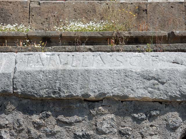 II.6 Pompeii. May 2016. Inscription carved on rim of inner wall of the arena of the Amphitheatre.
Inscription LVD LV CVN, part of CIL X 854. Photo courtesy of Buzz Ferebee.
