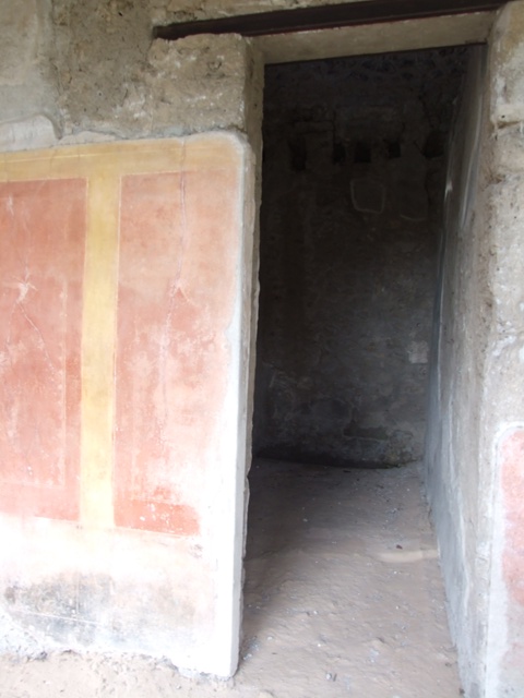 III.4.b Pompeii. March 2009. Room 3, oecus. West side of window on south wall with detail of wall painting of Venus, or female figure.