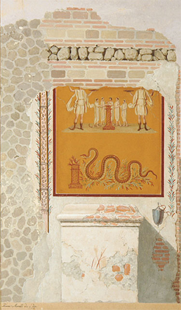 IV.4.g Pompeii. Drawing of the painting found above a street altar between IV.4.f and IV.4.g. In the middle are a round altar with five small figures in long white tunics. In the centre behind the altar is a Tibicen. On either side are pairs of Vicomagistri with right arms outstretched to the altar. Two large Lares flank the scene. In the lower zone is a snake approaching from the left to an altar with eggs and fruit on it. See Fröhlich, T., 1991. Lararien und Fassadenbilder in den Vesuvstädten. Mainz: von Zabern. (p.315, F24)