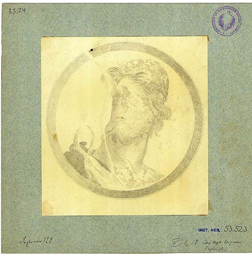 V.1.18 Pompeii. Atrium b. Drawing of medallion painting with bust of Aphrodite/Venus. Badly destroyed.
She has blonde hair and wears a thin gold band with green diamond shaped stone on the front.
DAIR 83.22. Photo  Deutsches Archologisches Institut, Abteilung Rom, Arkiv. 
See http://arachne.uni-koeln.de/item/marbilder/5022198 
Found on the right wall, at the left end.
See Bullettino dellInstituto di Corrispondenza Archeologica (DAIR), 1877, p. 20.
