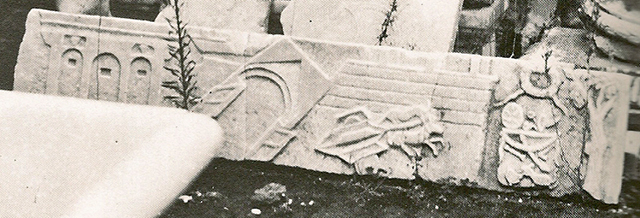 V.1.26 Pompeii. Detail from old undated photograph. 
Marble slab from above the household altar in atrium.
Scene of the Castellum Acquae and Vesuvian Gate in the earthquake of AD62. 

