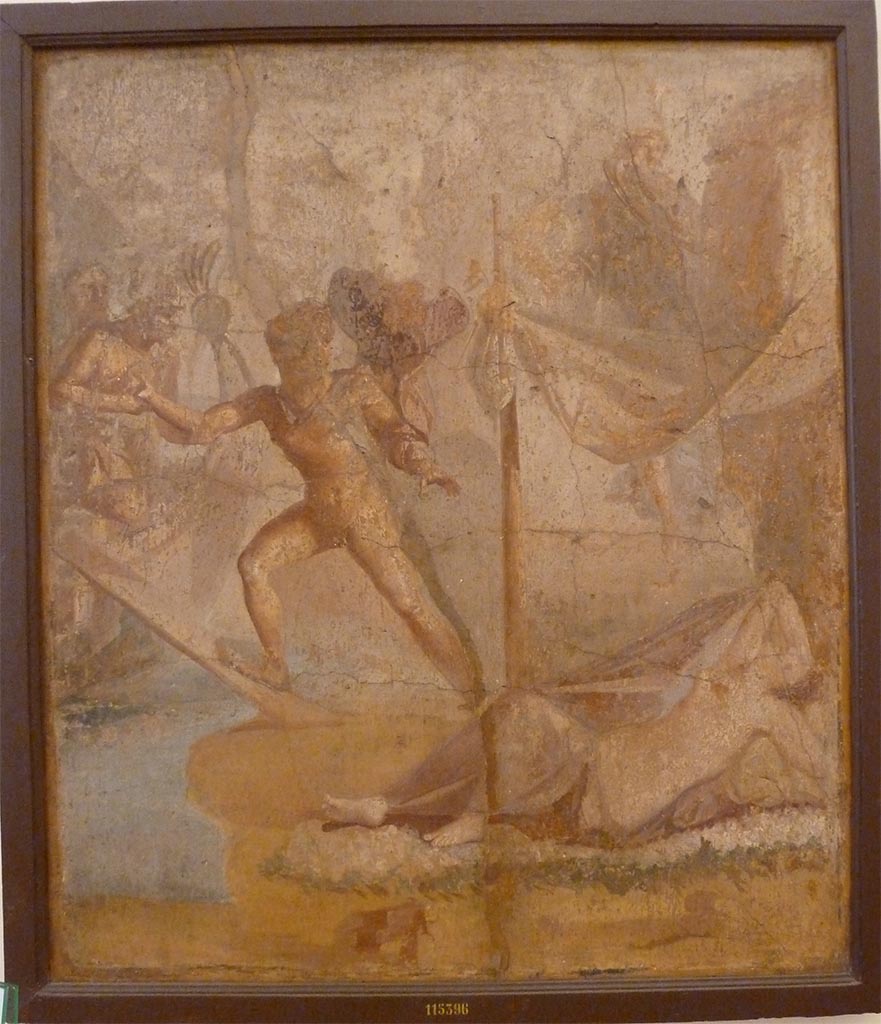 V.1.26 Pompeii. May 2010. Room 16, wall painting of Theseus abandoning Ariadne.
This would have been in the central panel of the east wall.
Now in Naples Archaeological Museum. Inventory number 115396.
