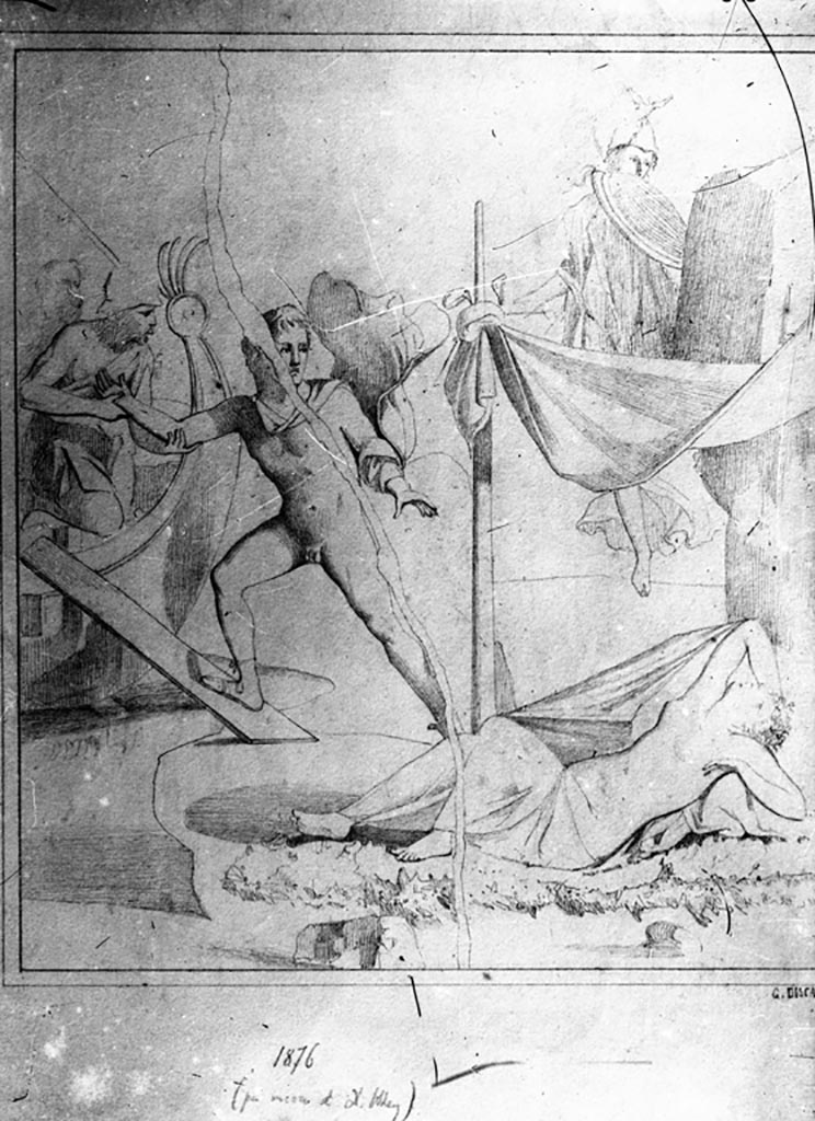 V.1.26 Pompeii. W.386. Drawing of wall painting of Theseus abandoning Ariadne.
Photo by Tatiana Warscher. Photo © Deutsches Archäologisches Institut, Abteilung Rom, Arkiv. 
