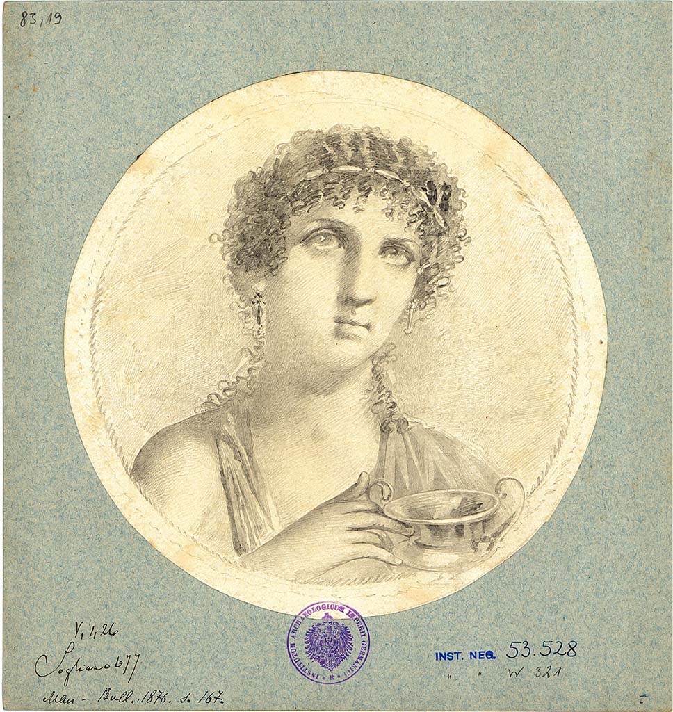 V.1.26 Pompeii. Room 16, drawing of portrait medallion of a female holding a two handled cup, from east end of south wall of triclinium.
See Sogliano, A., 1879. Le pitture murali campane scoverte negli anni 1867-79. Napoli: Giannini. (p.140, no.677)
DAIR 83.19. Photo © Deutsches Archäologisches Institut, Abteilung Rom, Arkiv. 
