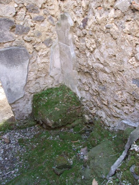 V.2.4 Pompeii. December 2007. Room 13, peristyle drainage channel, looking east towards south-east corner. According to Boyce, in the south-east corner of the garden were painted the two familiar serpents. One on each wall, one on the south and one on the east wall. The altar was painted between them in the corner of the wall. The serpents were brown and yellow on a white ground.
See Boyce G. K., 1937. Corpus of the Lararia of Pompeii. Rome: MAAR 14. (p.34, no.88)