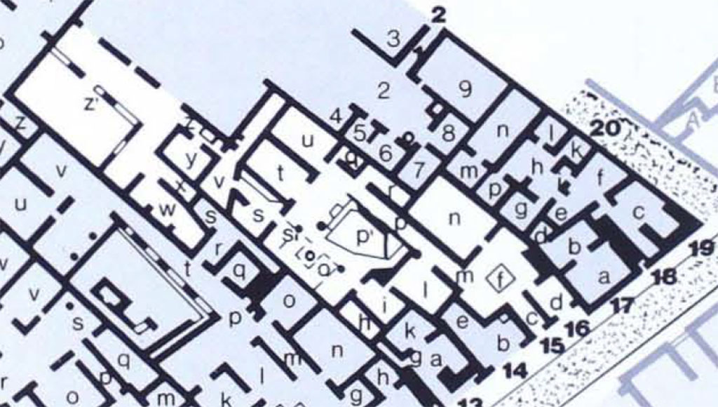 V.2 Pompeii. Casa di Orione. Plan as shown in PPM.
See Carratelli, G. P., 1990-2003. Pompei: Pitture e Mosaici, Vol. III. Roma: Istituto della enciclopedia italiana, p. 855.

V = our room 10
W = our room 11e
X = our room 11d
X1 = not shown
Y = our room 11b
Z = our room 11a
Z1= our room 11c = Casa di Orione room A19
(Note: the latest excavation (2018-20) now recognises the rooms 11a to 11e (PPM W to Z1) of this house and peristyle as belonging to the separate Casa di Orione/House of Orion entered from the Vicolo dei Balconi.)
