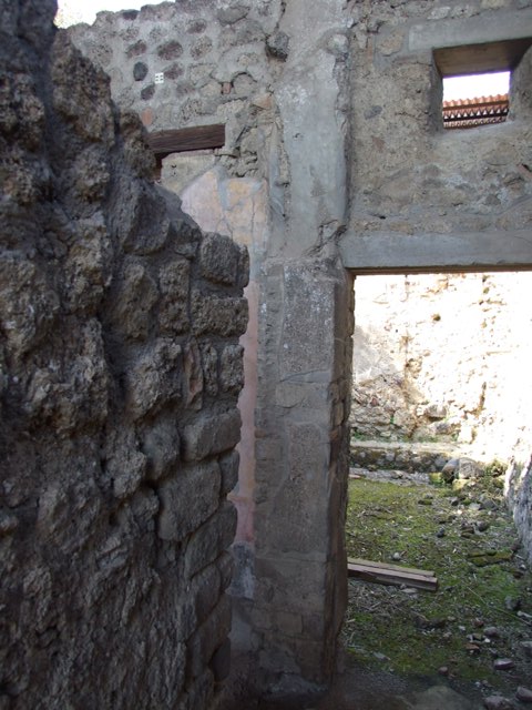 V.3.6 Pompeii. March 2009. Triclinium. West wall. Central wall painting of Narcissus, sitting on a podium and leaning towards a column.