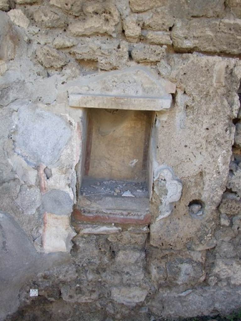 V.3.7 Pompeii. March 2009. Garden area. Second small niche on west wall, north of aedicula lararium. The niche had a projecting slab for the ceiling and another for the floor. A second floor within the niche covered the slab giving the appearance of a raised step within the niche. The floor was painted in imitation of red and yellow marble. The wall below the niche was covered with a painted garden decoration. See Boyce G. K., 1937. Corpus of the Lararia of Pompeii. Rome: MAAR 14.  (112, p. 38, Pl 36, 2).
