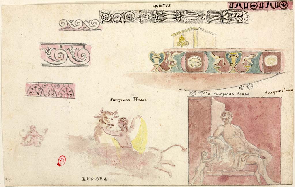 VI.1.7 Pompeii. c.1819 sketch by William Gell described as being from “Surgeons House”, whereas the “sitting man with cupid” on the right, may be from House of the Vestals. 
See Gell W & Gandy, J.P: Pompeii published 1819 [Dessins publiés dans l'ouvrage de Sir William Gell et John P. Gandy, Pompeiana: the topography, edifices and ornaments of Pompei, 1817-1819], pl. 51.
See book in Bibliothèque de l'Institut National d'Histoire de l'Art [France], collections Jacques Doucet Gell Dessins 1817-1819
Use Etalab Open Licence ou Etalab Licence Ouverte
